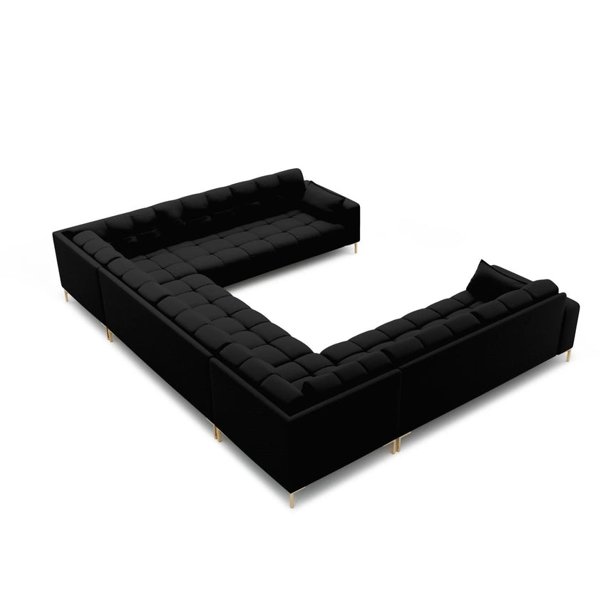 Mamaia 9-Sitzer Panorama-Sofa symmetrisch, Beine Goldmetall, mit Bezug aus Strukturierter Stoff (Nev100) in Schwarz, 337x256 cm – Bild 4
