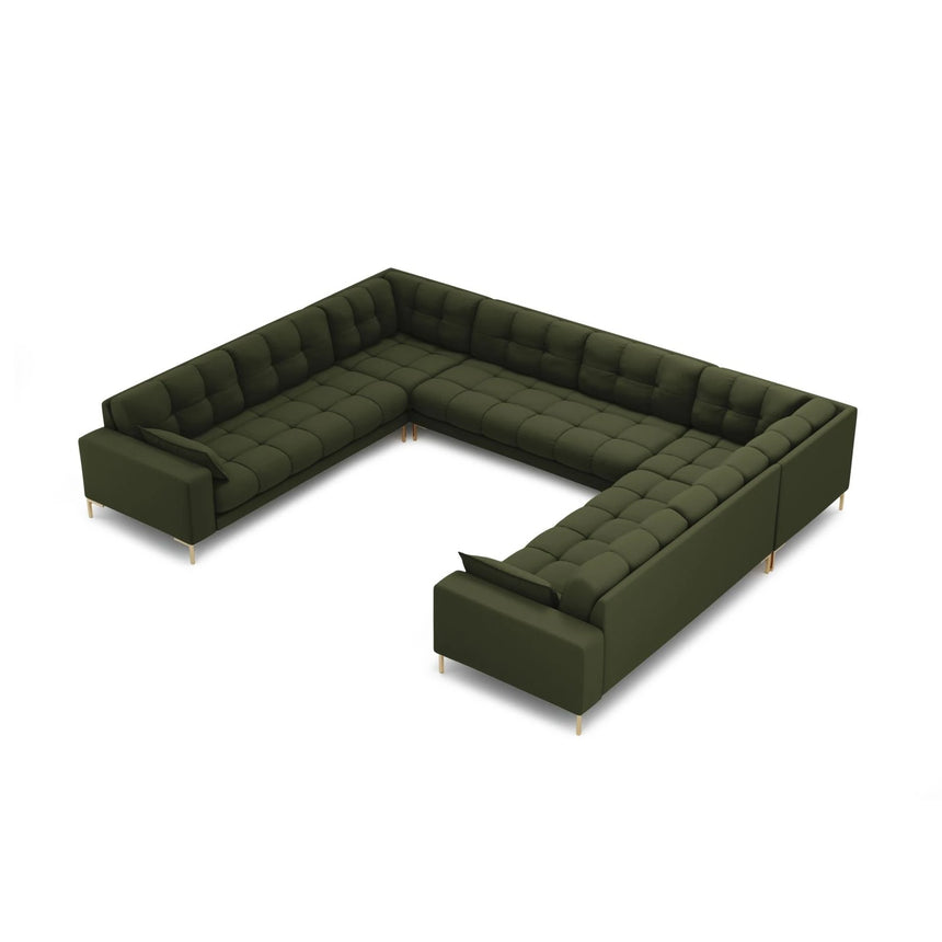 Mamaia 9-Sitzer Panorama-Sofa symmetrisch, Beine Goldmetall, mit Bezug aus Strukturierter Stoff (Nev39) in Grün, 337x256 cm – Bild 1