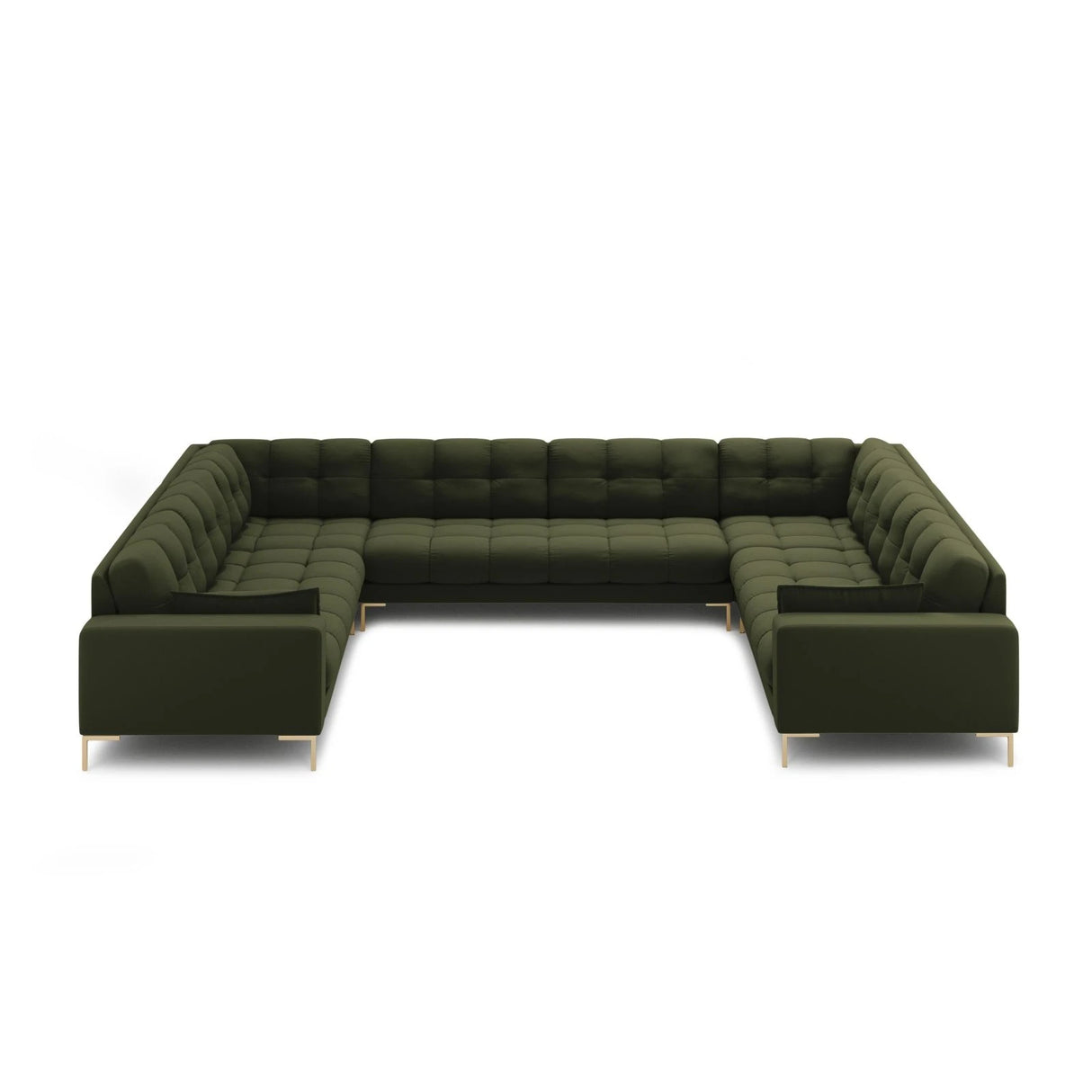 Mamaia 9-Sitzer Panorama-Sofa symmetrisch, Beine Goldmetall, mit Bezug aus Strukturierter Stoff (Nev39) in Grün, 337x256 cm – Bild 3