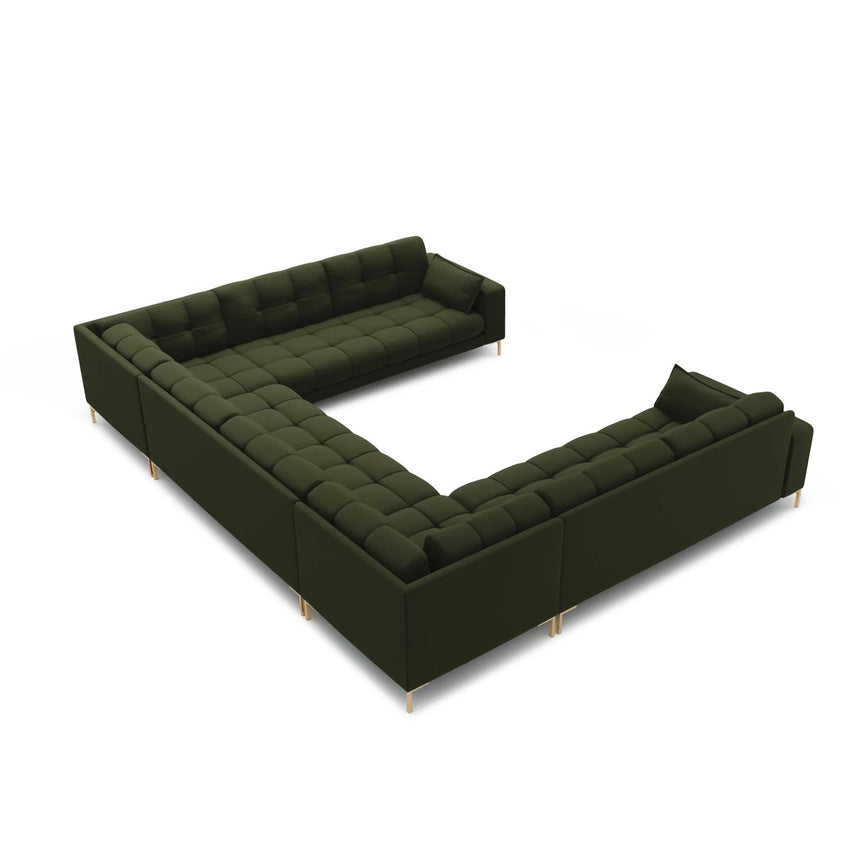 Mamaia 9-Sitzer Panorama-Sofa symmetrisch, Beine Goldmetall, mit Bezug aus Strukturierter Stoff (Nev39) in Grün, 337x256 cm – Bild 4