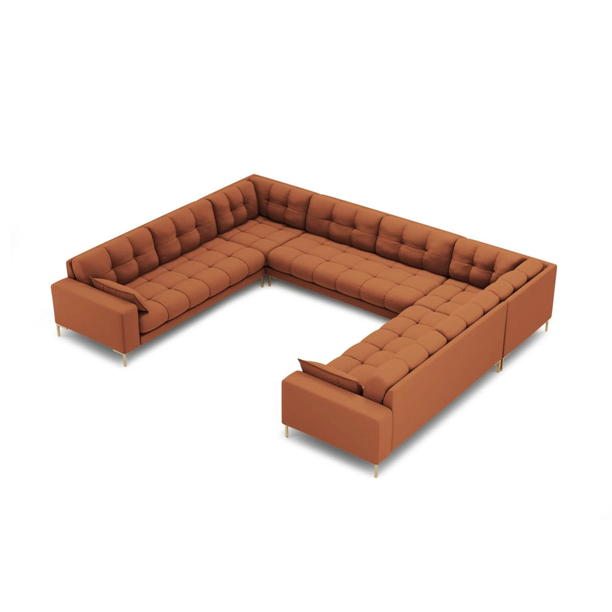 Mamaia 9-Sitzer Panorama-Sofa symmetrisch, Beine Goldmetall, mit Bezug aus Strukturierter Stoff (Nev52) in Ziegel, 337x256 cm – Bild 1