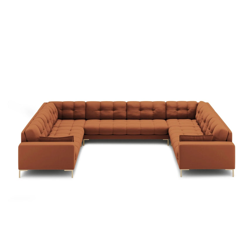 Mamaia 9-Sitzer Panorama-Sofa symmetrisch, Beine Goldmetall, mit Bezug aus Strukturierter Stoff (Nev52) in Ziegel, 337x256 cm – Bild 3