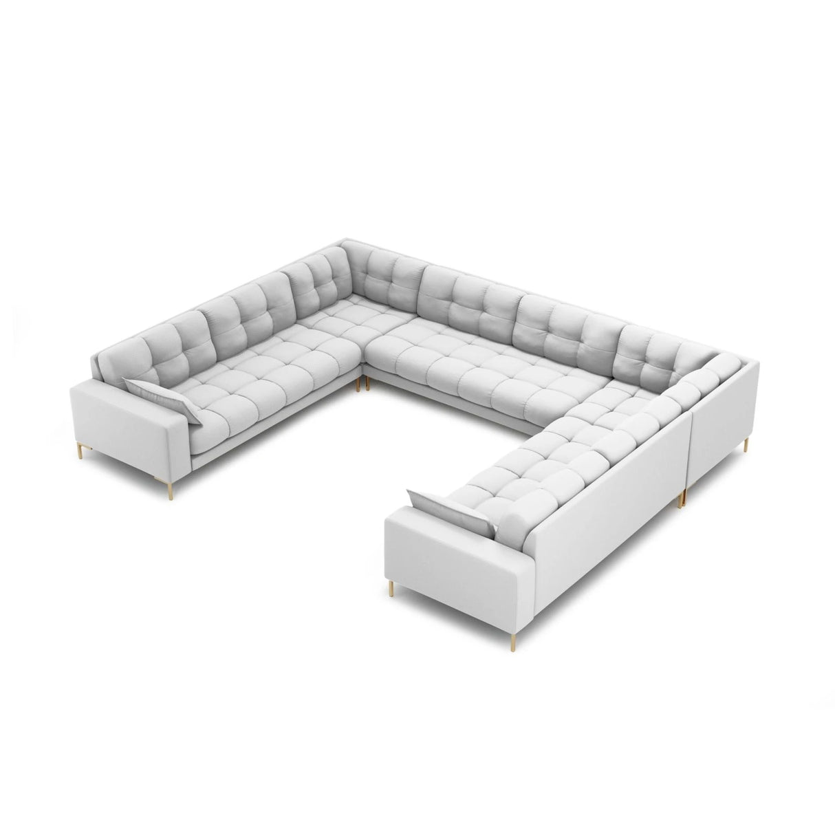 Mamaia 9-Sitzer Panorama-Sofa symmetrisch, Beine Goldmetall, mit Bezug aus Strukturierter Stoff (Nev80) in Hellgrau, 337x256 cm – Bild 1