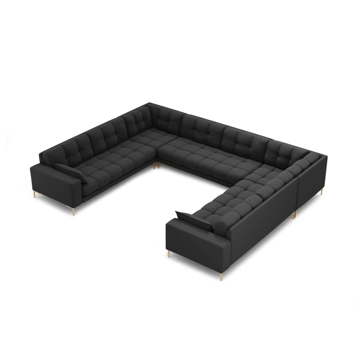 Mamaia 9-Sitzer Panorama-Sofa symmetrisch, Beine Goldmetall, mit Bezug aus Strukturierter Stoff (Nev97) in Dunkelgrau, 337x256 cm – Bild 1