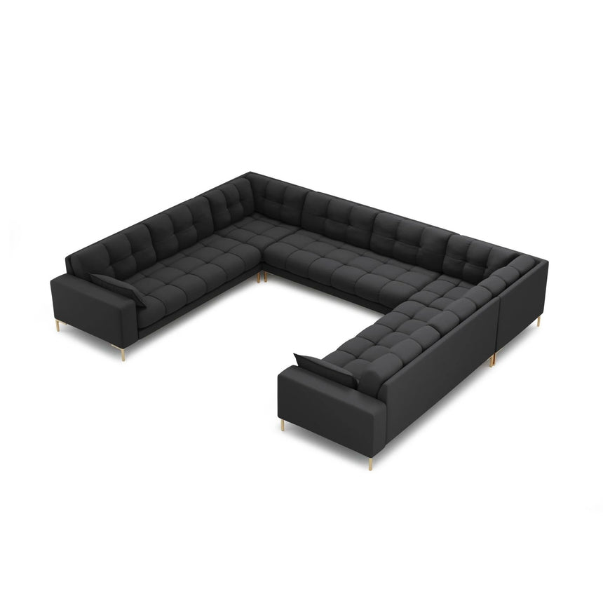 Mamaia 9-Sitzer Panorama-Sofa symmetrisch, Beine Goldmetall, mit Bezug aus Strukturierter Stoff (Nev97) in Dunkelgrau, 337x256 cm – Bild 1