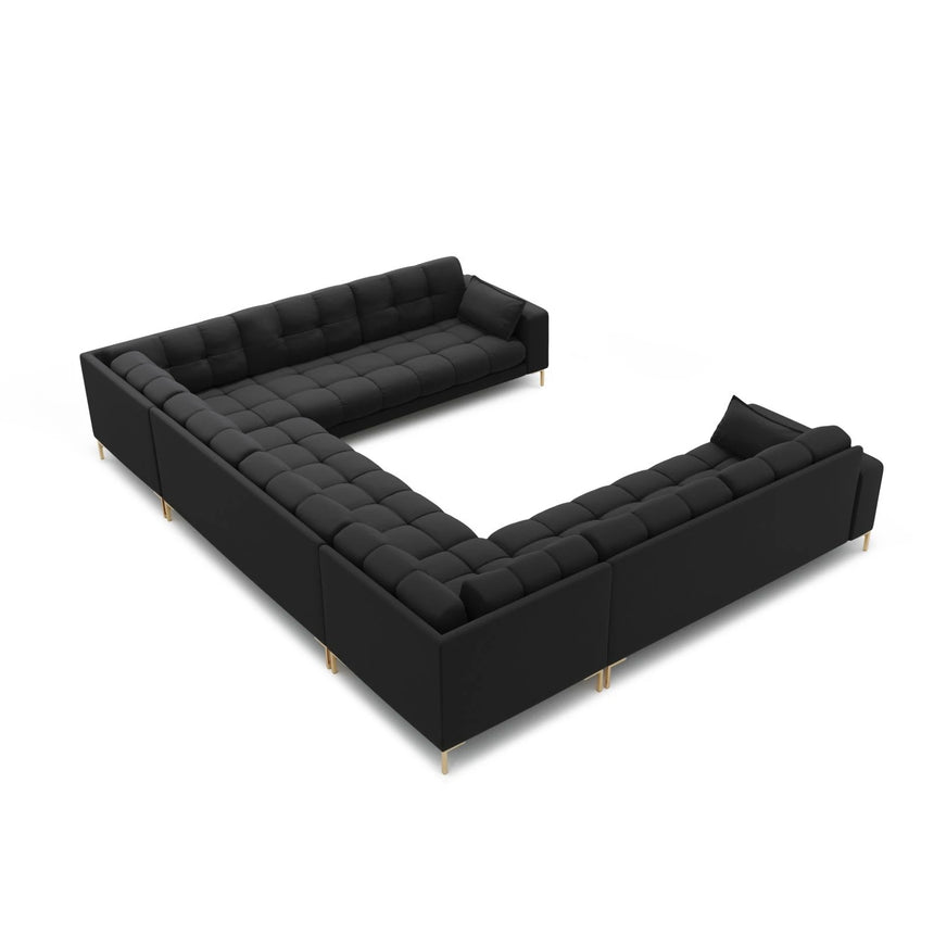 Mamaia 9-Sitzer Panorama-Sofa symmetrisch, Beine Goldmetall, mit Bezug aus Strukturierter Stoff (Nev97) in Dunkelgrau, 337x256 cm – Bild 4