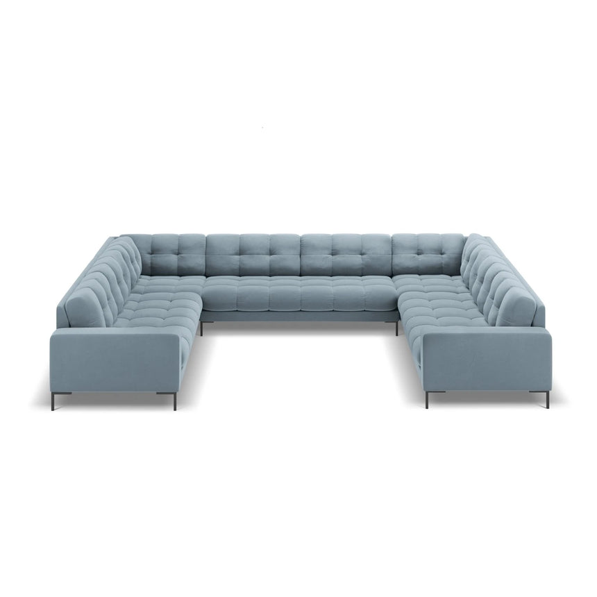 Mamaia 9-Sitzer Panorama-Sofa symmetrisch, Metallbeine Schwarz, mit Bezug aus Samt (Blu06) in Hellblau, 337x256 cm – Bild 3