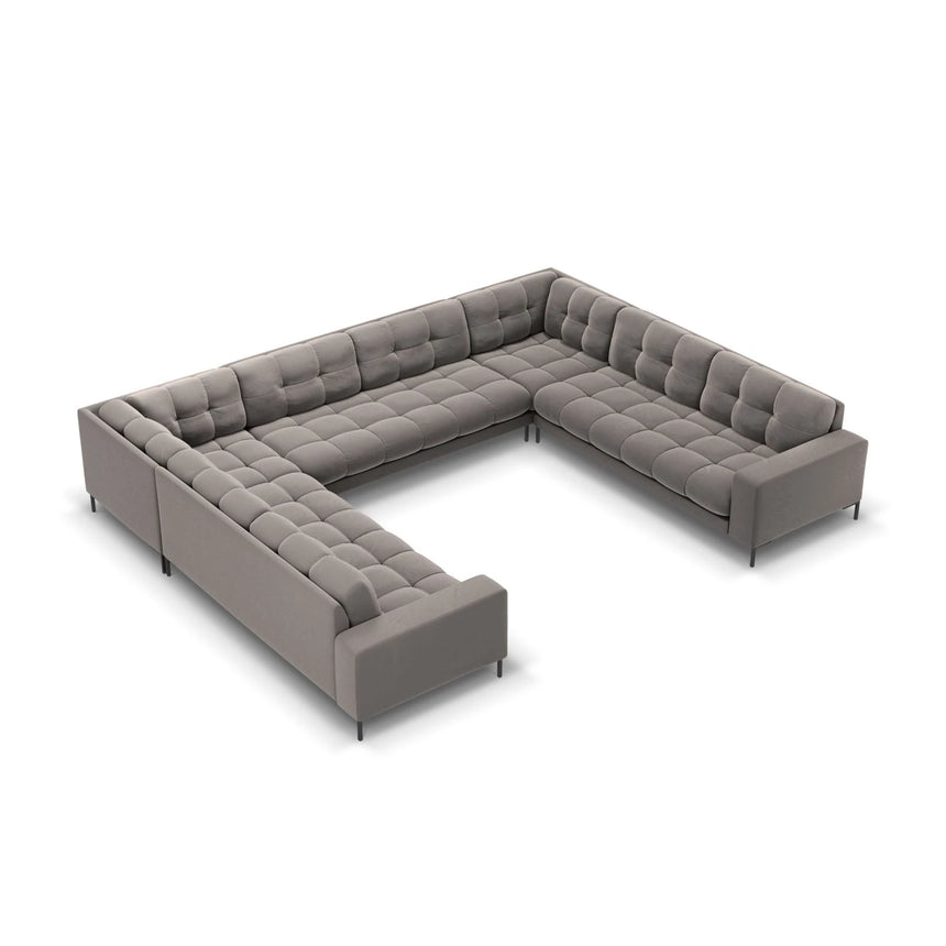 Mamaia 9-Sitzer Panorama-Sofa symmetrisch, Metallbeine Schwarz, mit Bezug aus Samt (Blu13) in Hellgrau, 337x256 cm – Bild 1