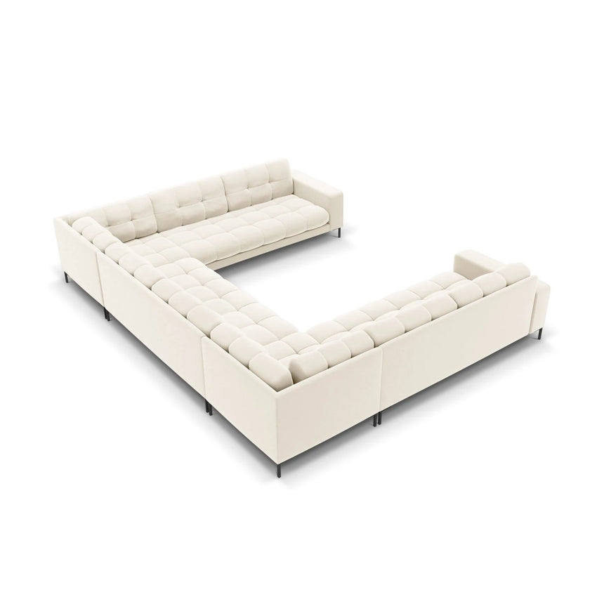 Mamaia 9-Sitzer Panorama-Sofa symmetrisch, Metallbeine Schwarz, mit Bezug aus Samt (Blu22) in Leichtes Beige, 337x256 cm – Bild 4