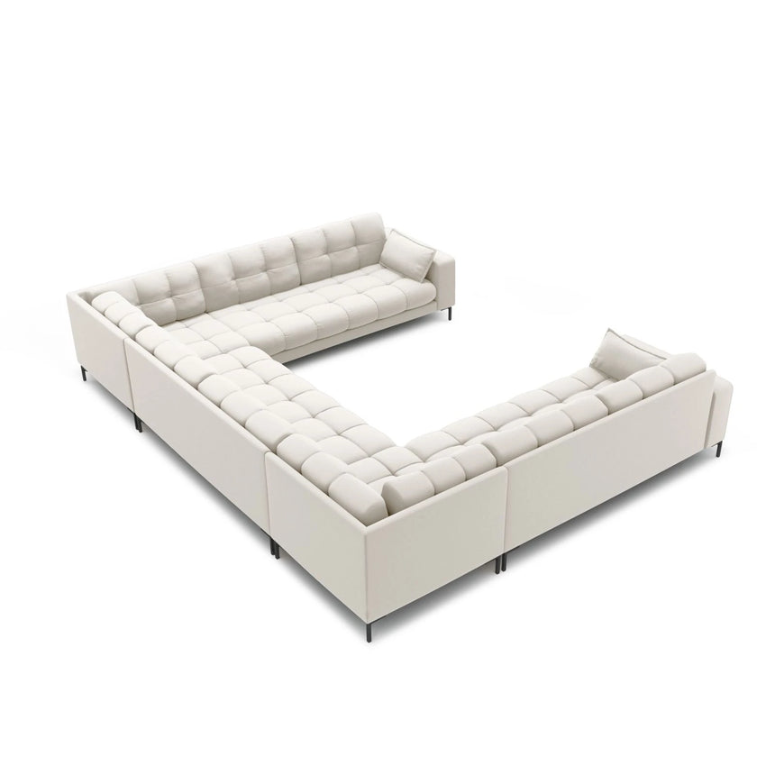 Mamaia 9-Sitzer Panorama-Sofa symmetrisch, Metallbeine Schwarz, mit Bezug aus Samt oder Strukturstoff, 337x256 cm – Bild 4