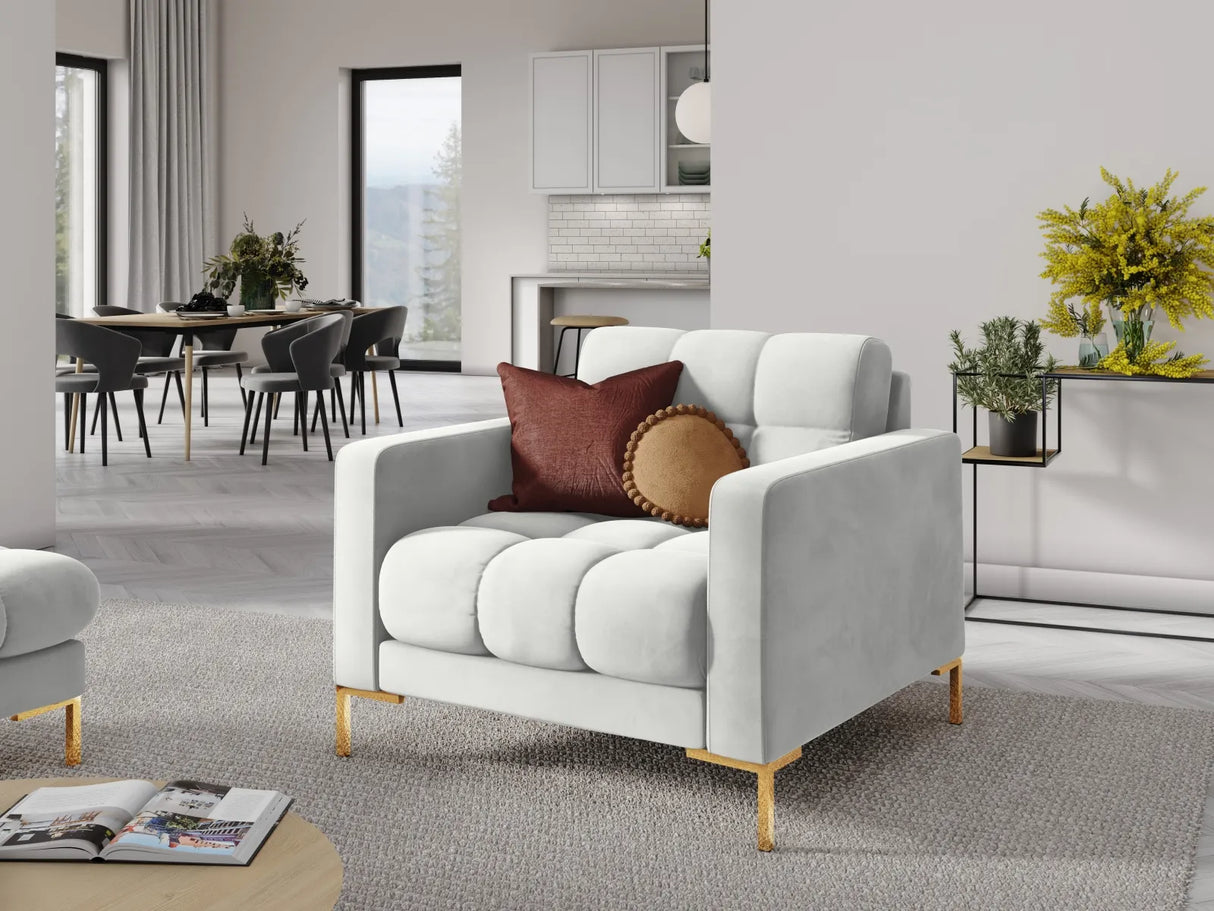 Mamaia Sessel, Beine Goldmetall, mit Bezug aus Samt (Blu03) in Silber, 87x96 cm – Bild 2