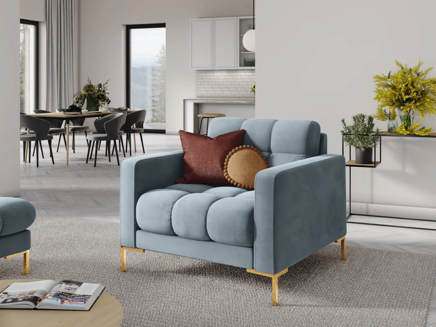 Mamaia Sessel, Beine Goldmetall, mit Bezug aus Samt (Blu06) in Hellblau, 87x96 cm – Bild 2