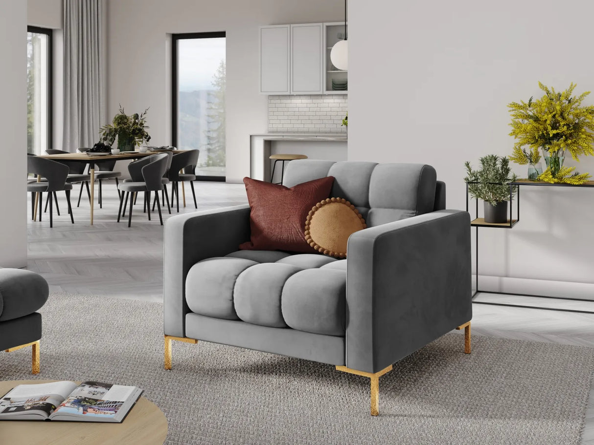 Mamaia Sessel, Beine Goldmetall, mit Bezug aus Samt (Blu13) in Hellgrau, 87x96 cm – Bild 2
