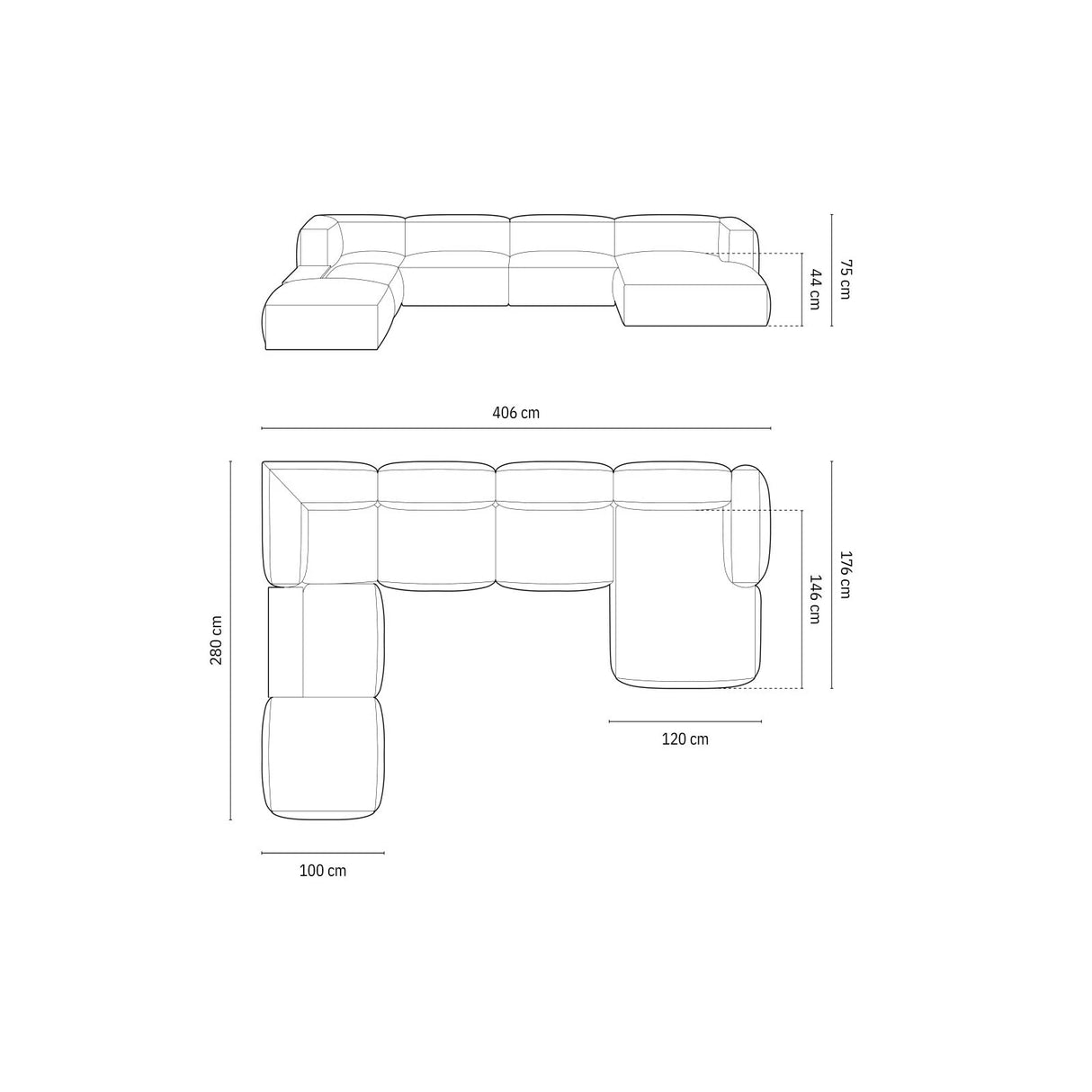 Martina modulares Panorama-Sofa, Links, mit Bezug aus Samt, Cord oder Strukturstoff, 406x280 cm – Bild 2