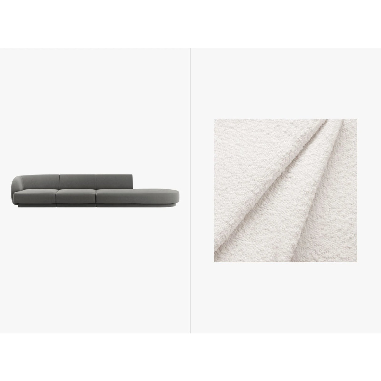 Miley 4-Sitzer Sofa, Rechte Seite offen, in Samt, Boucle oder Chenille, 323x90 cm – Bild 1