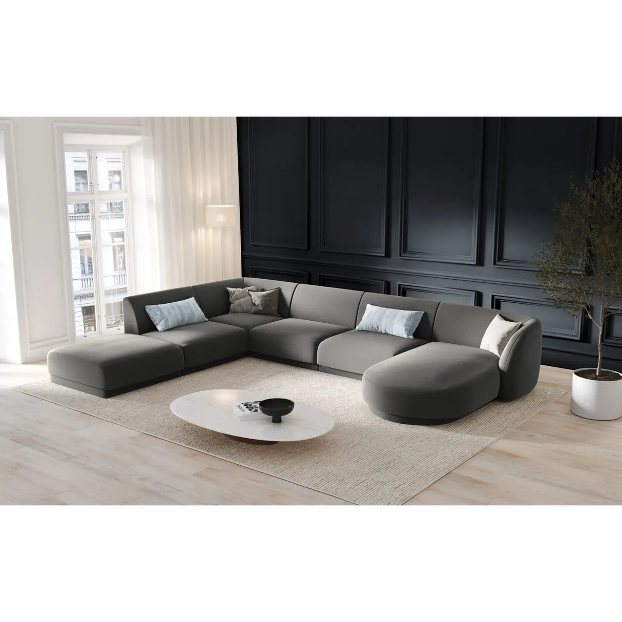 Miley 6-Sitzer Panorama-Sofa Links mit Bezug aus Samt oder Boucle, 330x255 cm - ZEN ZONE Furniture