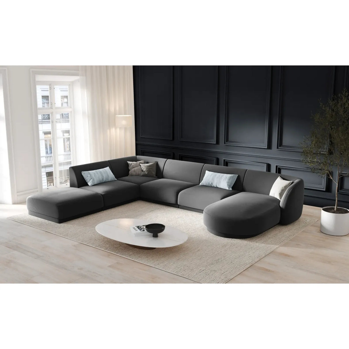 Miley 6-Sitzer Panorama-Sofa Links mit Bezug aus Samt oder Boucle, 330x255 cm - ZEN ZONE Furniture