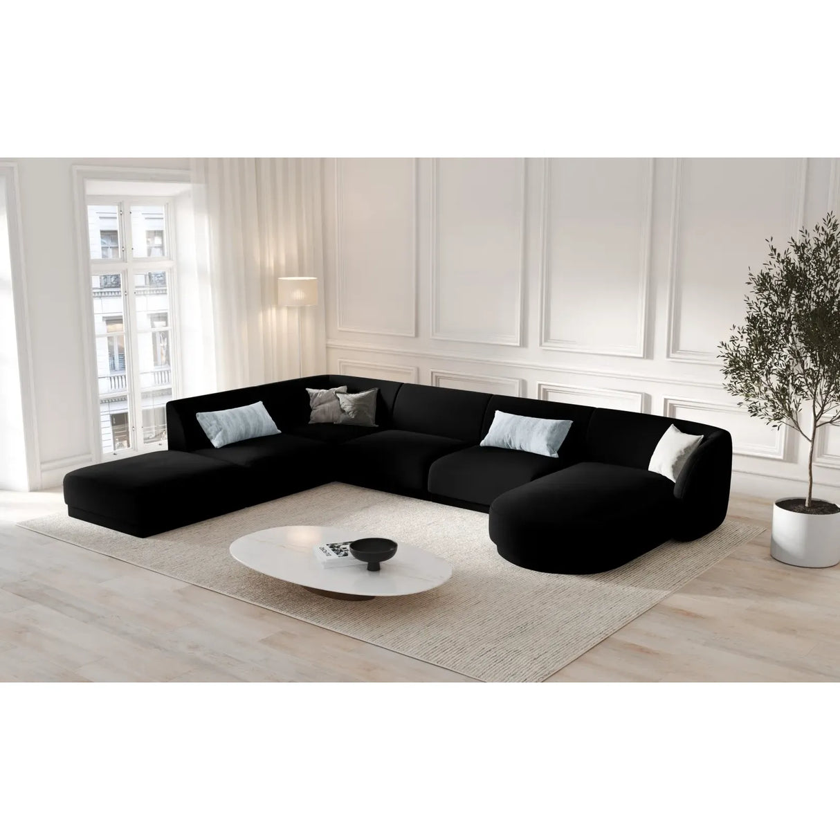 Miley 6-Sitzer Panorama-Sofa Links mit Bezug aus Samt oder Boucle, 330x255 cm - ZEN ZONE Furniture