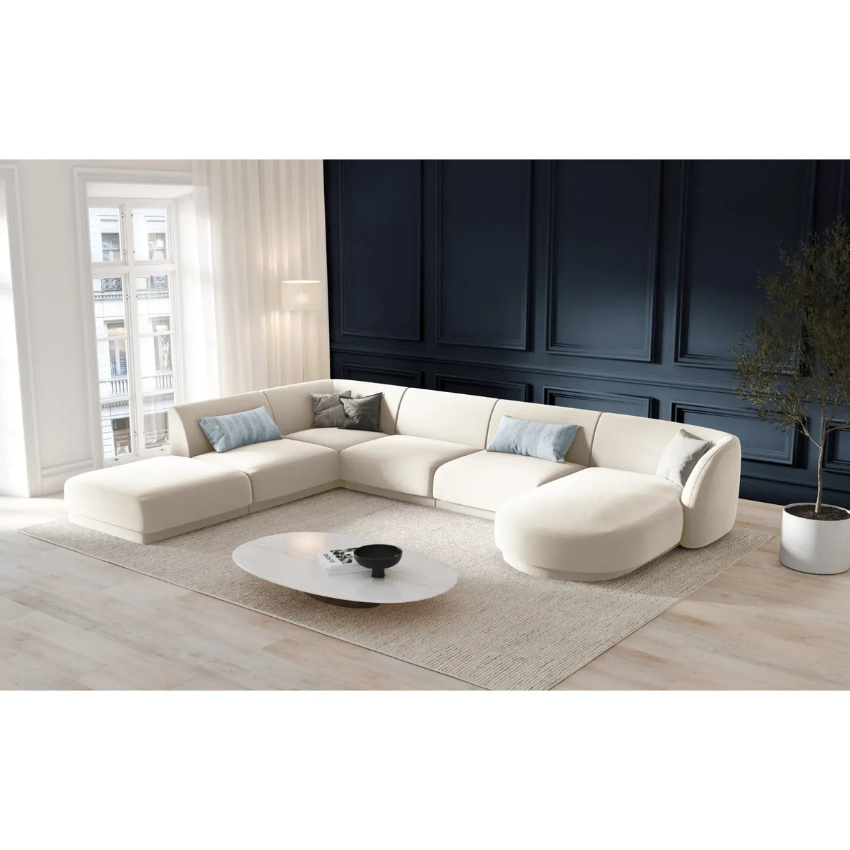 Miley 6-Sitzer Panorama-Sofa Links mit Bezug aus Samt oder Boucle, 330x255 cm - ZEN ZONE Furniture