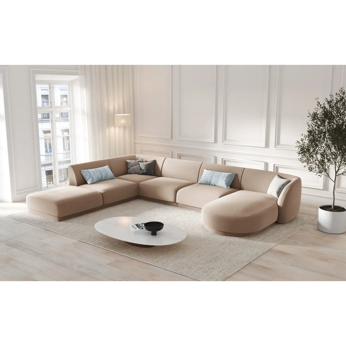 Miley 6-Sitzer Panorama-Sofa Links mit Bezug aus Samt oder Boucle, 330x255 cm - ZEN ZONE Furniture