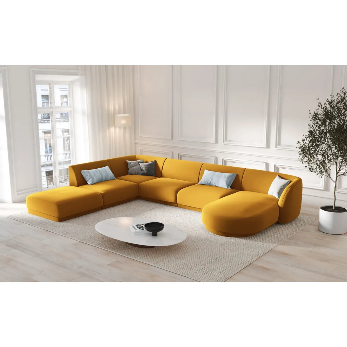 Miley 6-Sitzer Panorama-Sofa Links mit Bezug aus Samt oder Boucle, 330x255 cm - ZEN ZONE Furniture