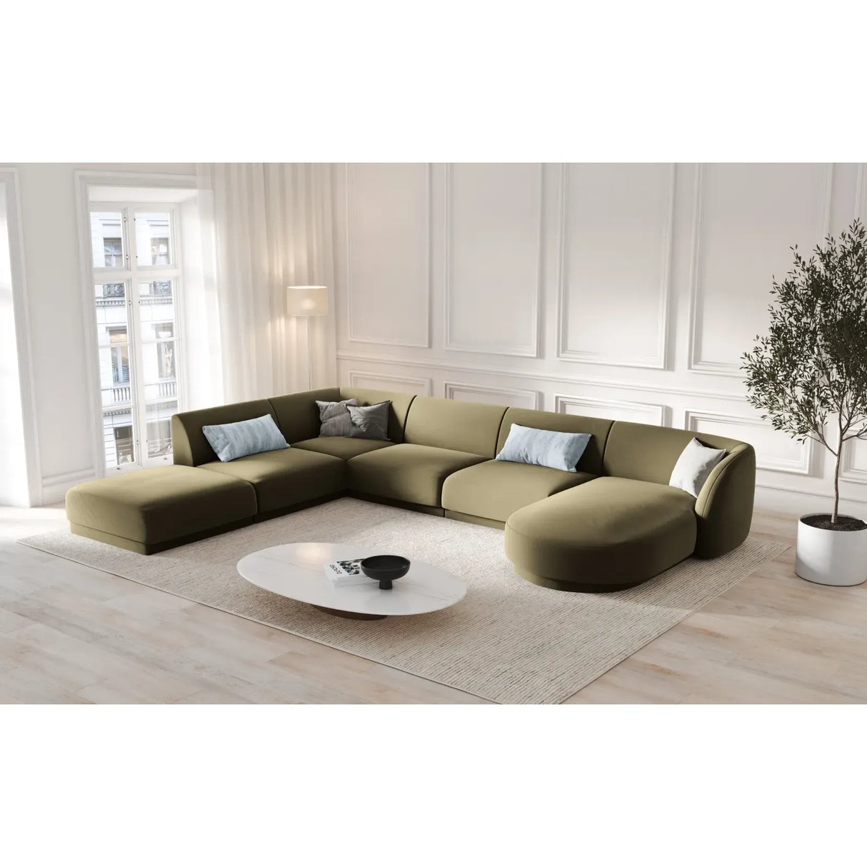 Miley 6-Sitzer Panorama-Sofa Links mit Bezug aus Samt oder Boucle, 330x255 cm - ZEN ZONE Furniture