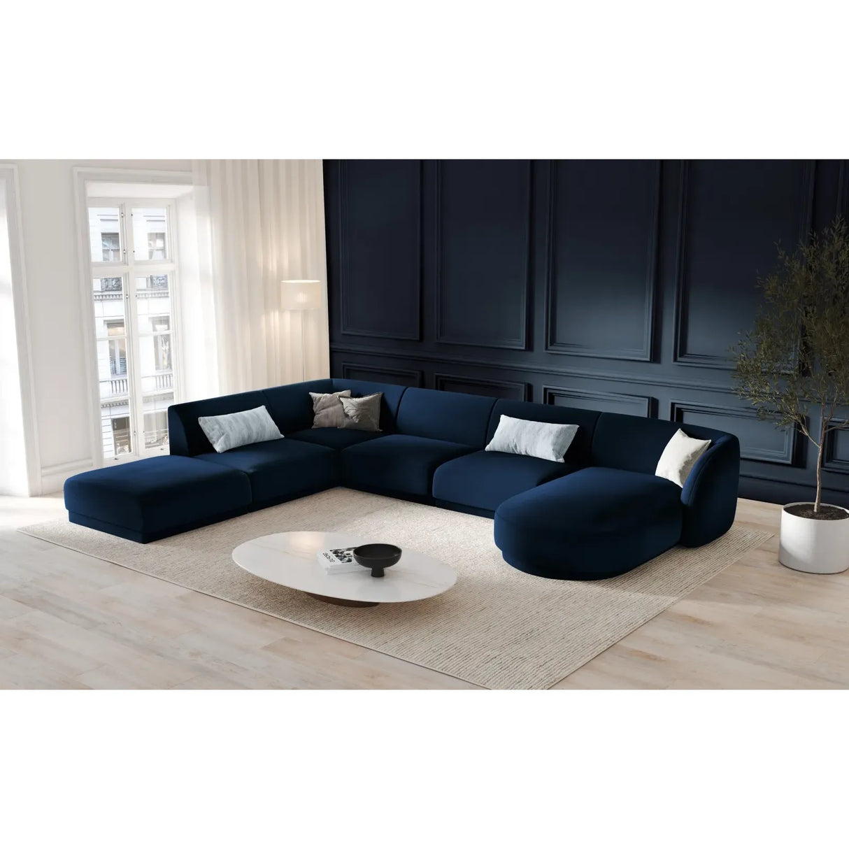 Miley 6-Sitzer Panorama-Sofa Links mit Bezug aus Samt oder Boucle, 330x255 cm - ZEN ZONE Furniture