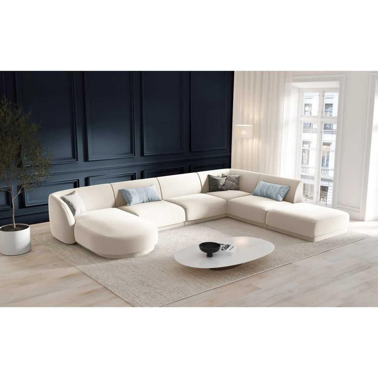 Miley 6-Sitzer Panorama-Sofa Rechts mit Bezug aus Samt oder Boucle, 330x255 cm - ZEN ZONE Furniture