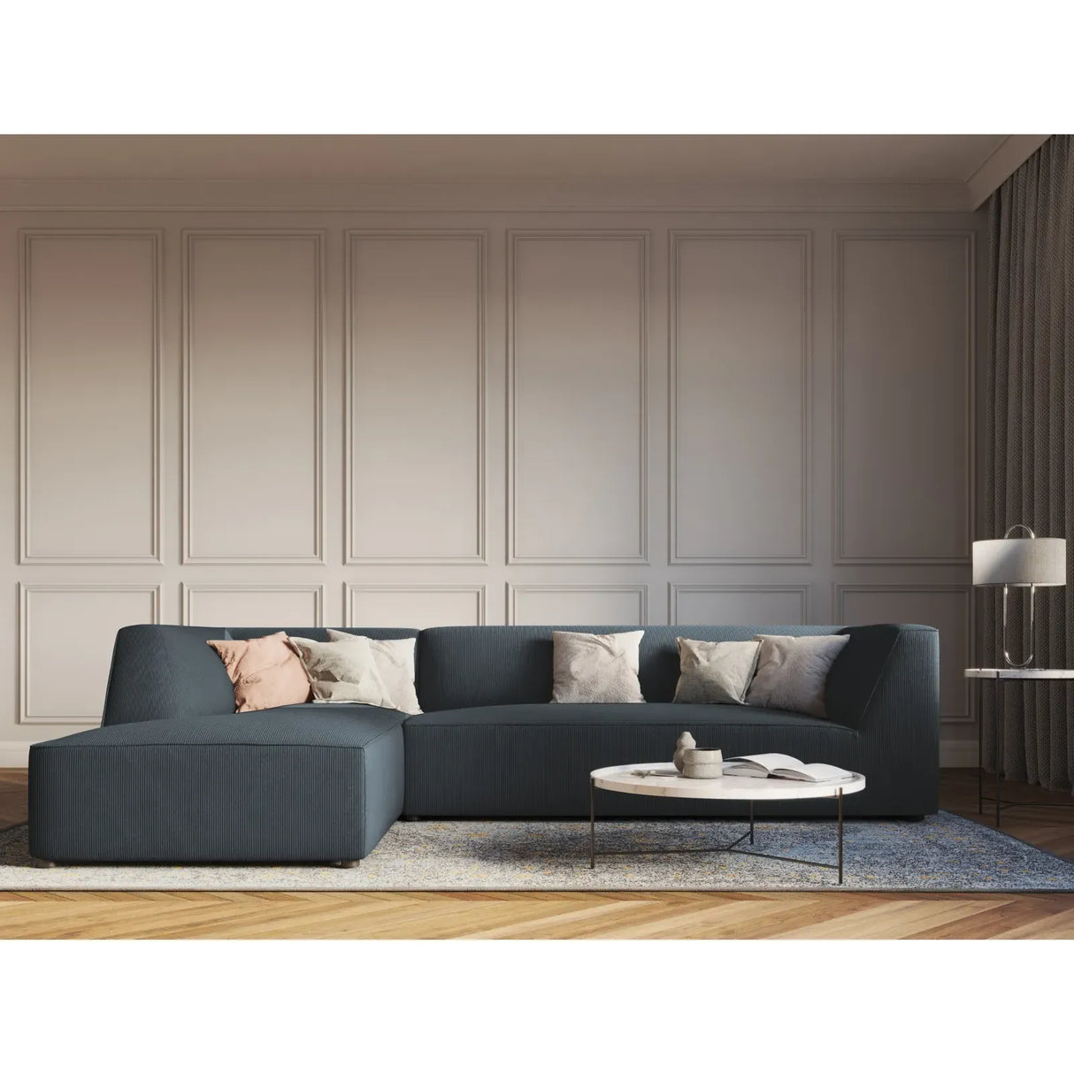 Canapé d'angle Ruby 4 places, côté gauche, revêtu de velours, de velours côtelé ou de tissu texturé, 273 x 180 cm