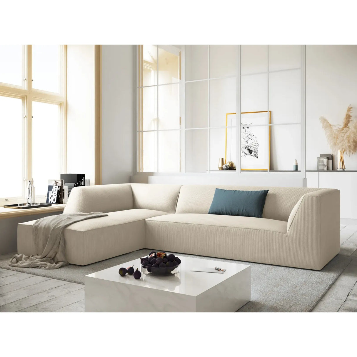 Canapé d'angle Ruby 4 places, côté gauche, revêtu de velours, de velours côtelé ou de tissu texturé, 273 x 180 cm