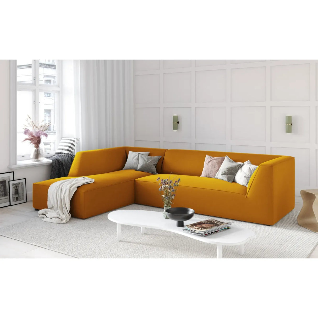 Canapé d'angle Ruby 4 places, côté gauche, revêtu de velours, de velours côtelé ou de tissu texturé, 273 x 180 cm