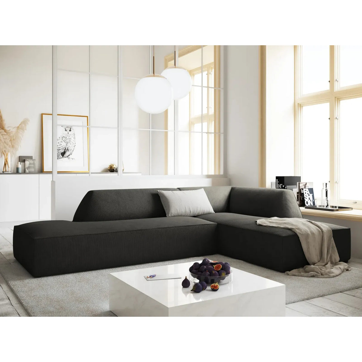 Canapé d'angle Ruby 4 places, ouvert, côté droit, avec revêtement en velours, velours côtelé ou tissu texturé, 273 x 180 cm