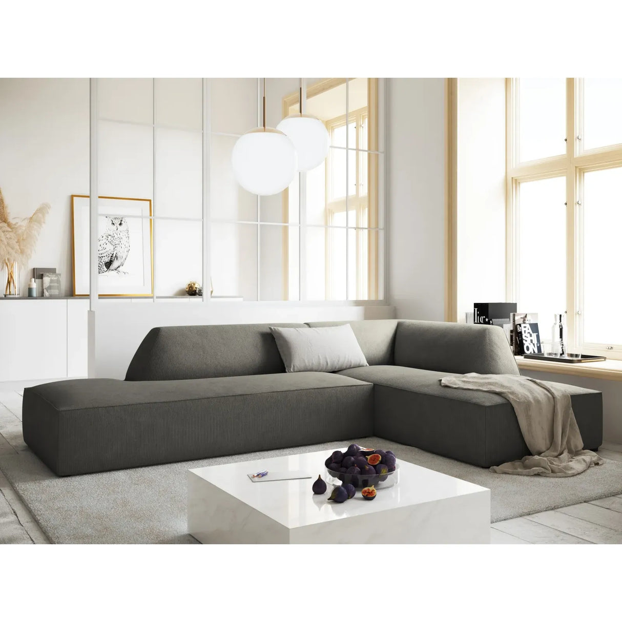 Canapé d'angle Ruby 4 places, ouvert, côté droit, avec revêtement en velours, velours côtelé ou tissu texturé, 273 x 180 cm