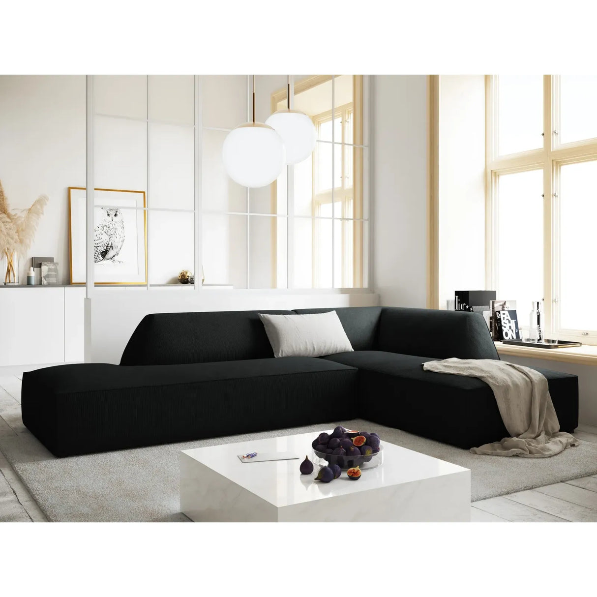 Canapé d'angle Ruby 4 places, ouvert, côté droit, avec revêtement en velours, velours côtelé ou tissu texturé, 273 x 180 cm