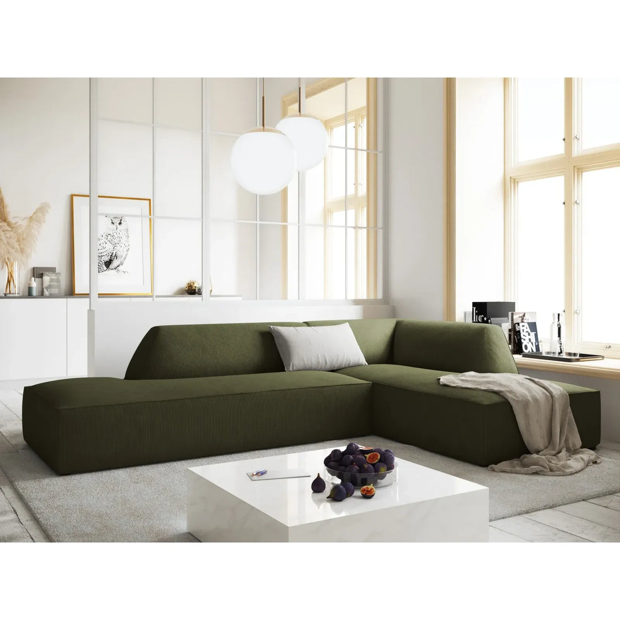 Canapé d'angle Ruby 4 places, ouvert, côté droit, avec revêtement en velours, velours côtelé ou tissu texturé, 273 x 180 cm