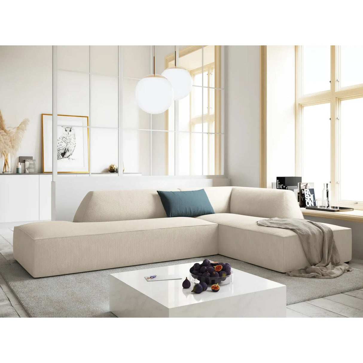 Canapé d'angle Ruby 4 places, ouvert, côté droit, avec revêtement en velours, velours côtelé ou tissu texturé, 273 x 180 cm