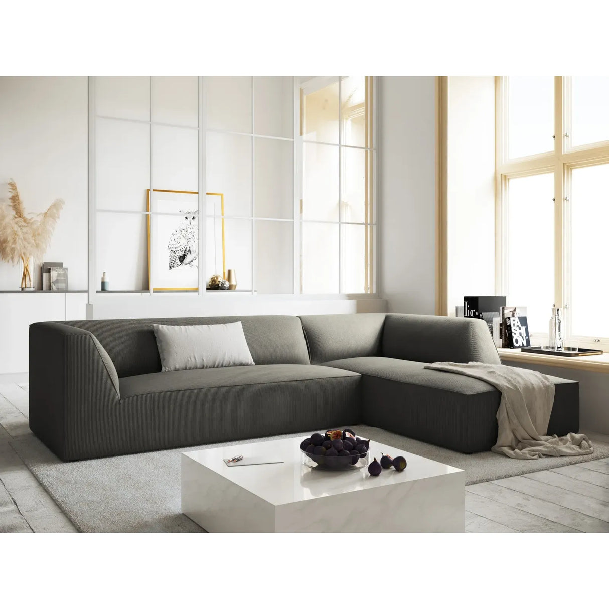 Ruby 4-seater corner sofa, right-hand side, with cover in velvet, corduroy or textured fabric, 273x180 cm