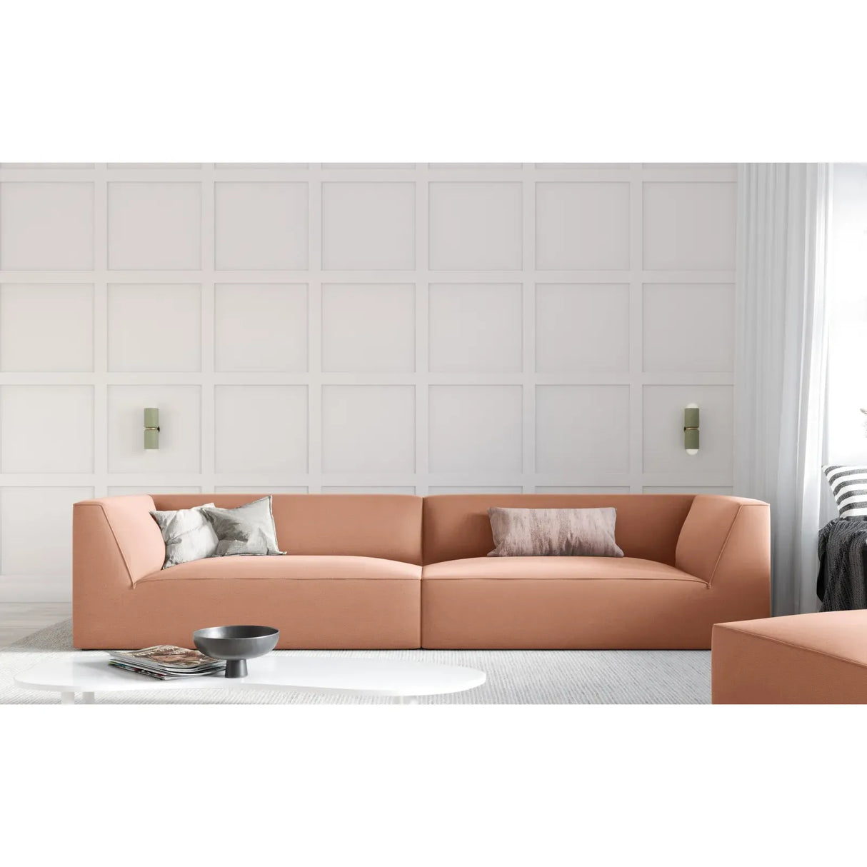 Ruby 4-seater sofa with cover in velvet, corduroy or textured fabric, 302x93 cm