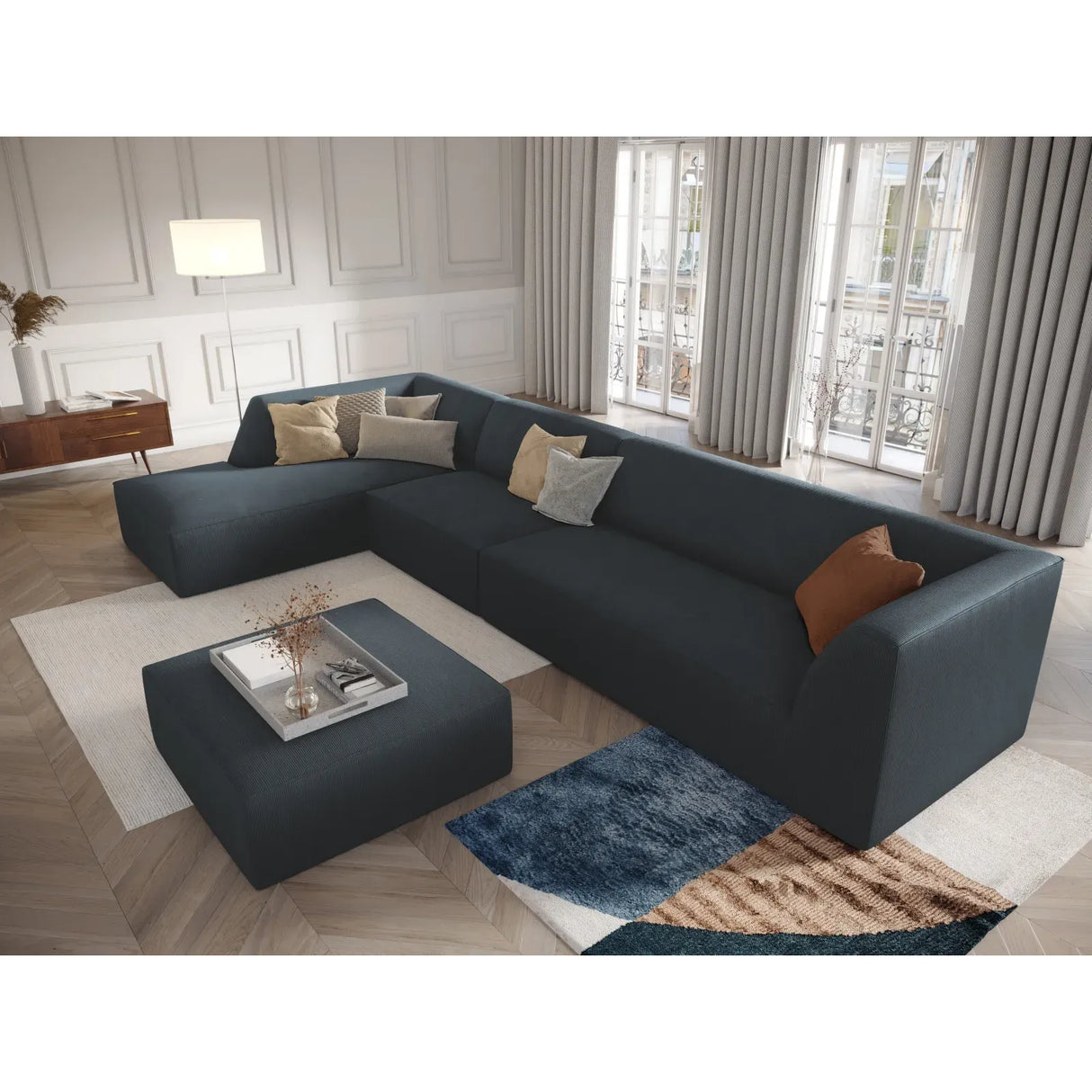 Canapé d'angle Ruby 5 places, côté gauche, revêtu de velours, de velours côtelé ou de tissu texturé, 366 x 180 cm