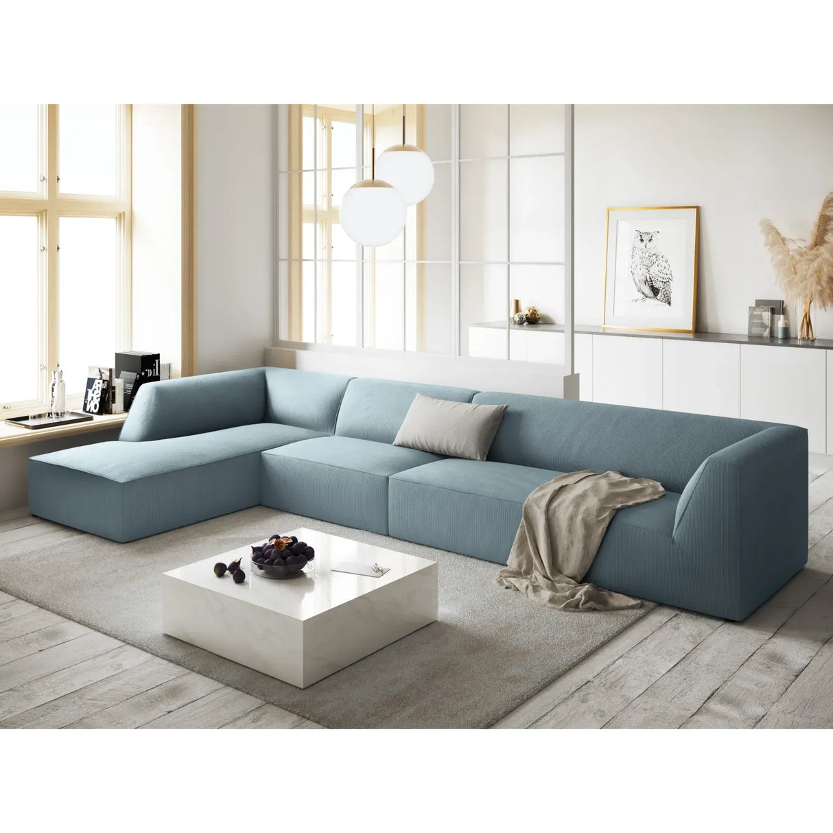 Canapé d'angle Ruby 5 places, côté gauche, revêtu de velours, de velours côtelé ou de tissu texturé, 366 x 180 cm