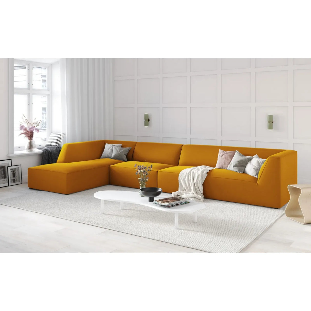 Canapé d'angle Ruby 5 places, côté gauche, revêtu de velours, de velours côtelé ou de tissu texturé, 366 x 180 cm