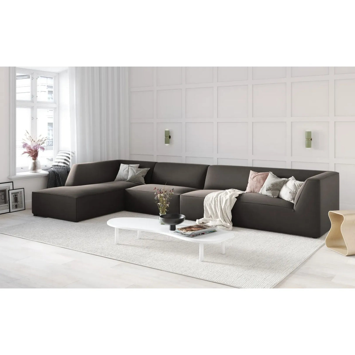 Canapé d'angle Ruby 5 places, côté gauche, revêtu de velours, de velours côtelé ou de tissu texturé, 366 x 180 cm