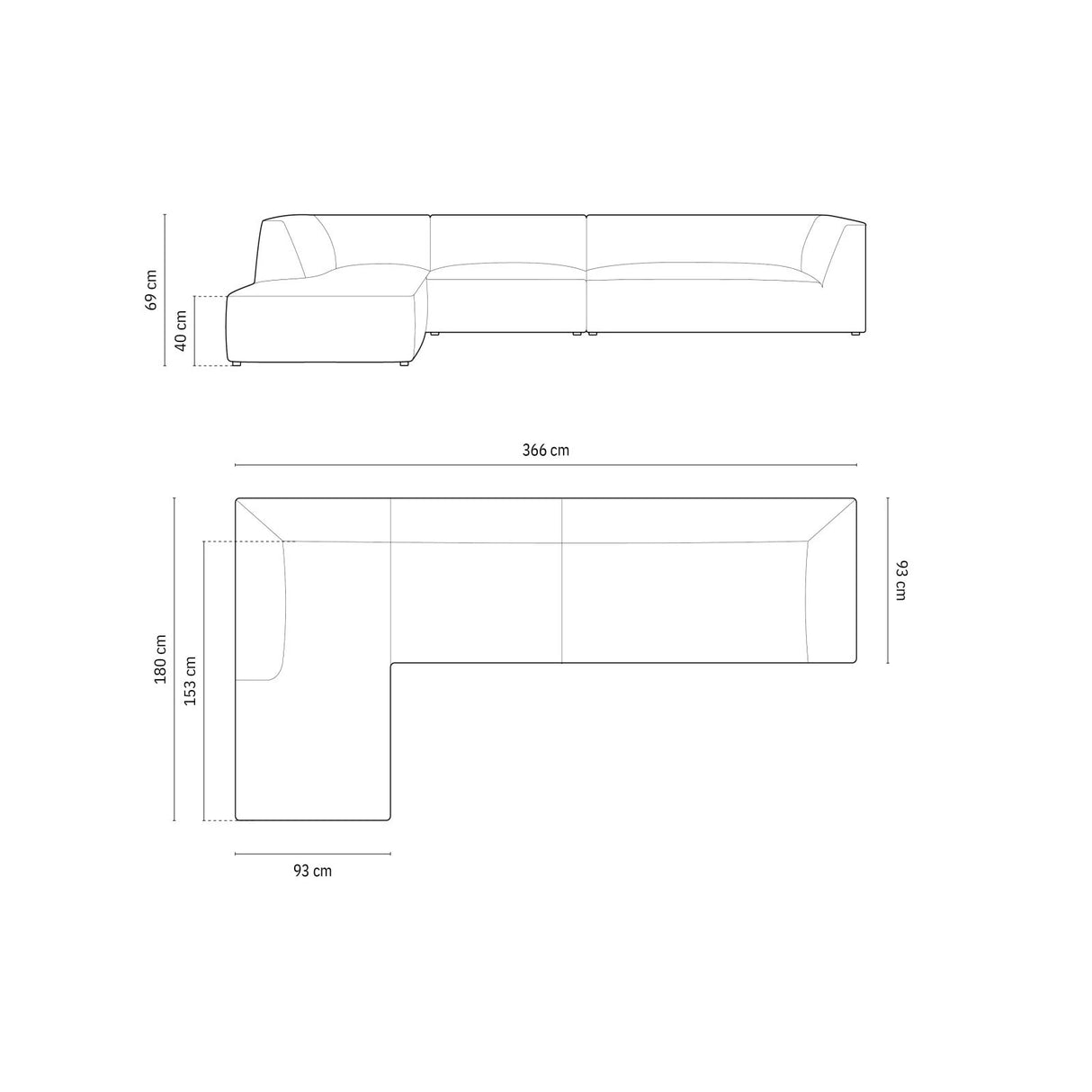 Ruby 5-Sitzer Ecksofa Links, mit Bezug aus Strukturierter Stoff (Ota12) in Schwarz, 366x180 cm – Bild 2