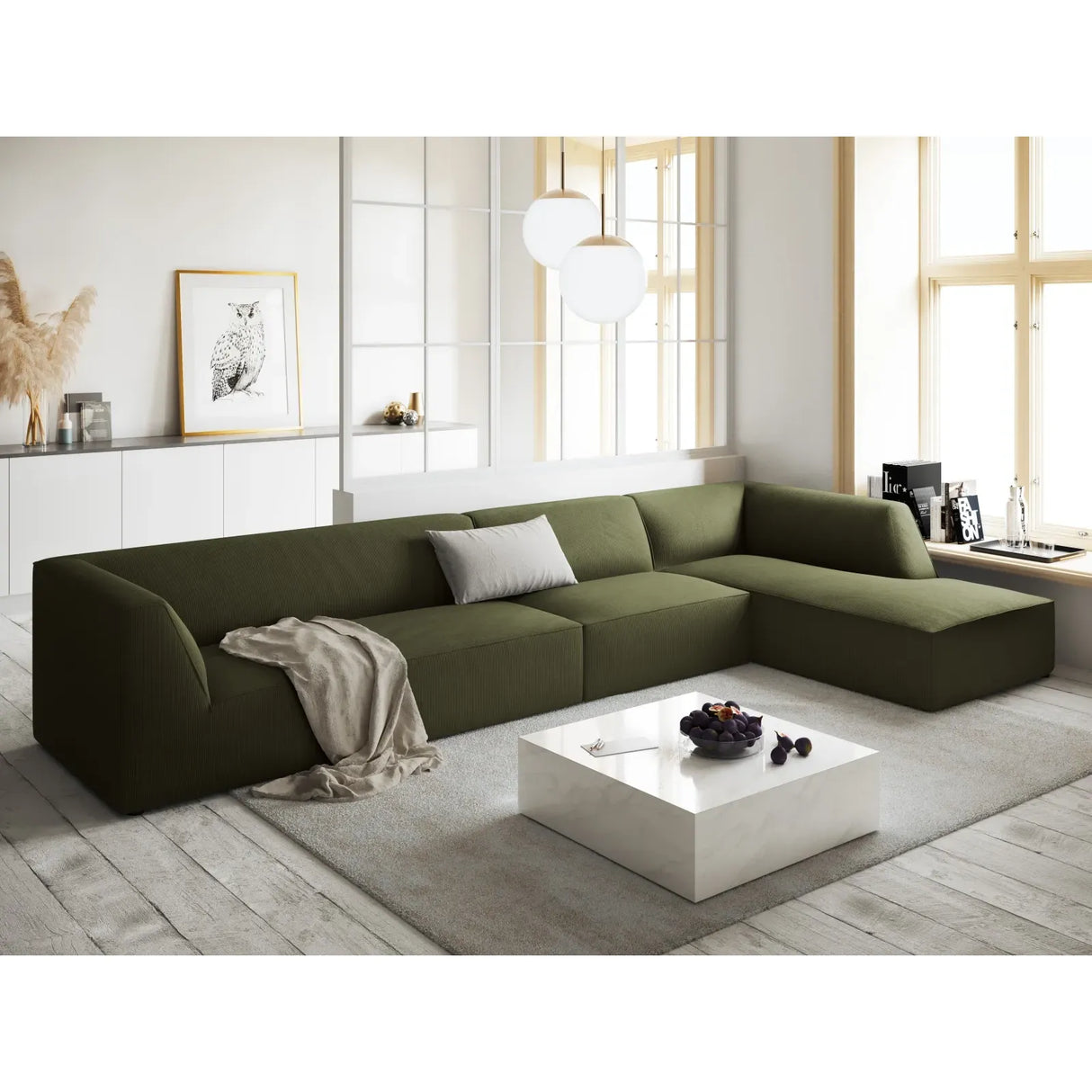 Ruby 5-seater corner sofa, right-hand side, with cover in velvet, corduroy or textured fabric, 366x180 cm
