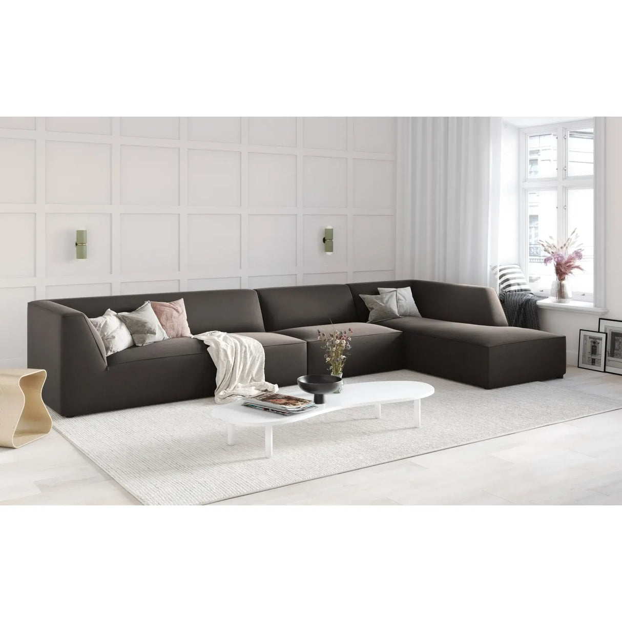 Ruby 5-seater corner sofa, right-hand side, with cover in velvet, corduroy or textured fabric, 366x180 cm
