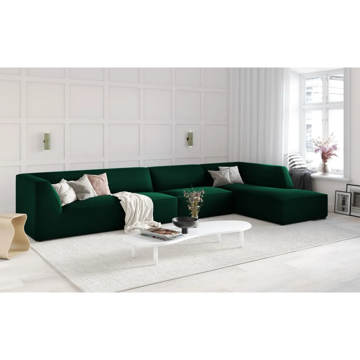 Ruby 5-seater corner sofa, right-hand side, with cover in velvet, corduroy or textured fabric, 366x180 cm
