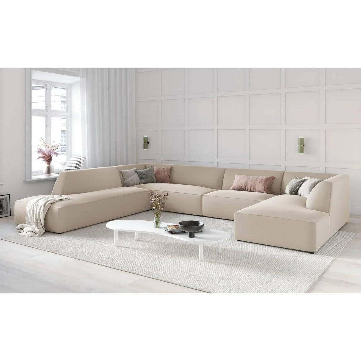 Ruby 7-Sitzer Panorama-Sofa Links, mit Bezug in Samt, Cord oder Strukturstoff, 366x273 cm