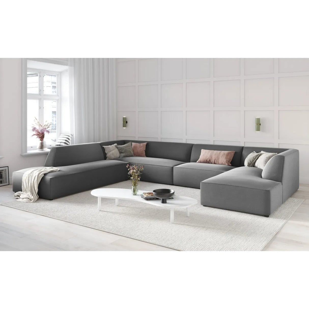 Ruby 7-Sitzer Panorama-Sofa Links, mit Bezug in Samt, Cord oder Strukturstoff, 366x273 cm