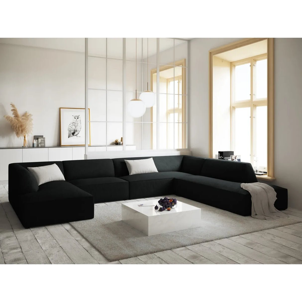 Ruby 7-Sitzer Panorama-Sofa Rechts, mit Bezug in Samt, Cord oder Strukturstoff, 366x273 cm