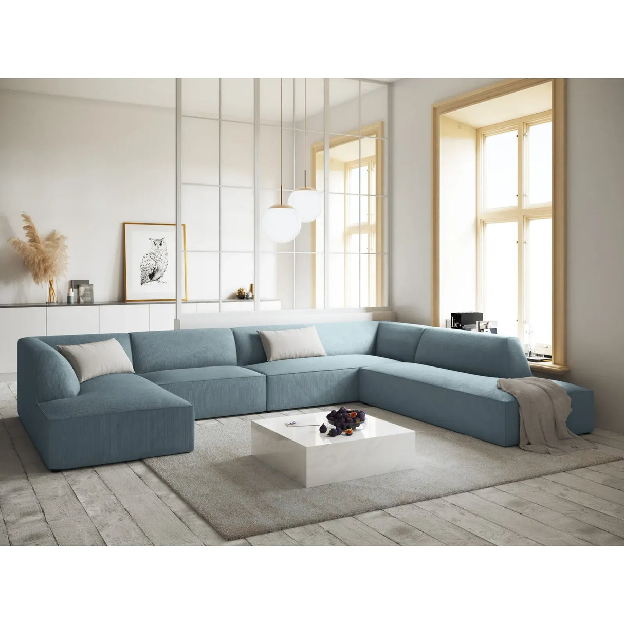 Ruby 7-Sitzer Panorama-Sofa Rechts, mit Bezug in Samt, Cord oder Strukturstoff, 366x273 cm